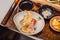 Bento set of prawn tempura and chicken teriyaki in japanese restaurant