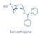 Benzatropine benztropine anticholinergic drug molecule. Used in treatment of Parkinson`s disease and Parkinsonism. Skeletal.