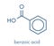 Benzoic acid molecule. Benzoate salts are used as food preservatives. Skeletal formula.