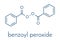 Benzoyl peroxide acne treatment drug molecule. Also used to dye hair and whiten teeth bleaching. Skeletal formula.