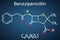 Benzylpenicillin penicillin G drug molecule. It is beta-lactam antibiotic. Structural chemical formula on the dark blue