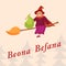 Beona Befana flies on a broomstick with a bag of gifts.