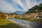 BERAT, ALBANIA: Landscape with views of the Osum River and the old town of Berat.