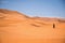 Berber nomad walking in the desert of merzouga morocco. One person walking in the sahara.