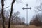 BEREGOVOE, RUSSIA - MARCH 30, 2017: Memorial cross on the place of the alleged martyrdom of the Saint Adalbert of Prague.