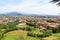 Bergamo cityscape panorama with mountains seen from Citta Alta