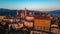 Bergamo, Italy. Drone aerial view of the old town during sunrise. Landscape at the city center, its historical buildings