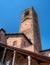 Bergamo, Italy - May 10, 2018: Bell tower, clock tower. Ancient architecture of Old town or Upper City in Bergamo