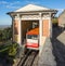 Bergamo, Italy. The red funicular in the old city of Bergamo at the upper station at San Vigilio hill