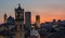 Bergamo sunset in the old city with towers and bell tower