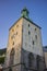 Bergen Cathedral in the City of Bergen, Norway is illumnated by a summer sunset