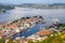 Bergen City, Scenic Aerial View Panorama harbour Cityscape under Dramatic Sky at sunset summer from Top of Mount Floyen