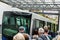 BERGEN, NORWAY - CIRCA 2016: Tourists wait for the famous Mount Floyen funicular to arrive. This train transports thousands of tou