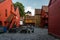 Bergen Norway The iconic old wooden warehouses at Bryggen wiith a view of the back alley