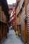 Bergen Norway The iconic old wooden warehouses at Bryggen wiith a view of the back alley