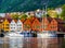 Bergen, Norway. View of historical buildings in Bryggen- Hanseatic wharf in Bergen, Norway. UNESCO World Heritage Site