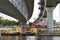 Berlin, Germany - 03 october 2021: Under bridge symmetrical view, Spree river, Berlin, Germany