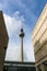 Berlin, Germany, 2018. Soaring shaft and silver sphere of Fernsehturm TV tower in Berlin