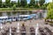 Berlin, Germany 6 th july, 2018. From a high point of view, view of a mooring where boats moor in the river Spree. In the foregrou