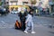 Berlin, Germany - April 24, 2023: Protesters from the group Last Generation sitting on the street and blocking traffic