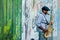 Berlin, Germany - May 14, 2014: street artist plays a sax in front of the Berlin Wall, East Side Gallery, Berlin, Germany