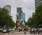 Berlin, Germany - May 31, 2019: Artwork in front of the skyscrapers and the bombed church in KurfÃ¼rstendamm