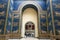 BERLIN, GERMANY - SEPTEMBER 26, 2018: Upwards overview of the blue Ishtar Gate of Babylon, decorated with extinct