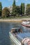 BERLIN, GERMANY - SEPTEMBER 26, 2018: Vertical view of tourist boats at the Spree river during the daylight, near the