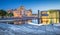 Berlin government district with Reichstag and Spree river in twilight, central Berlin Mitte, Germany