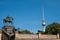 Berlin landmarks: TV Tower and statue of Frederick William IV -