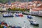BERMEO, SPAIN - NOVEMBER 4, 2021: Aerial view of harbor with fishing boats in Bermeo, Basque Country, Spain