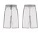 Bermuda Pocket Short technical fashion illustration with elastic low waist, rise, drawstrings, Relaxed fit, knee length