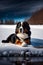 The Bernese Mountain Dog lies on the snow on the shore of the lake..Generative AI.