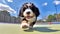 Bernese mountain dog puppies playing with a ball on the tennis court