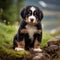 Bernese Mountain Dog puppy sitting on the green meadow in summer green field. Portrait of a cute Bernese Mountain Dog pup sitting