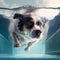 Bernese Mountain Dog swim Underwater in swimming pool - jumping, diving deep down. Ai generated image