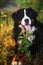 Bernese mountain dog in the yellow field