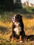 Bernese mountain dog in the yellow field and blue sky