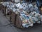 Beroun, Czech Republic, March 23, 2019: old rusty container full of stack waste paper for recycling