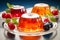 Berries adorn red and orange jelly desserts on clear plates