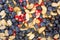 Berries, nuts food pattern of Peanuts, cashews, blueberries, lingonberries