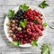 Berries - raspberries, gooseberries, red currants, cherries, black currants on a white plate