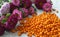 Berries of sea-buckthorn on a table, together with a bouquet of asters