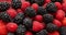 Berry background. Blackberries, raspberries and strawberries closeup, macro. Food background. Sweet fresh ripe berries