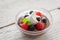 Berry bowl with dollop of cream.