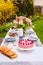 Berry cake and decorated dinner table in garden