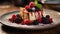 Berry Cheesecake with Chocolate Drizzle. Blurred Background