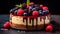 Berry Cheesecake with Chocolate Drizzle. Blurred Background