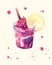 Berry coctail watercolor illustration for menu, restaurant, food blog, reciepe, coocbook design, berry pink beverage with ice and