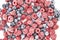 A Berry mix from frozen raspberries and blueberries. A Frozen Berries from freezer.  A sweet background with frozen raspberries